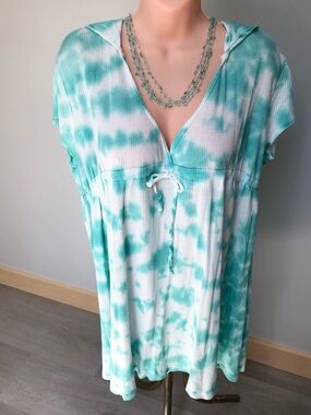 Vintage American Buddha Tie Dye Babydoll Swimsuit Coverup Hooded Dress XL
